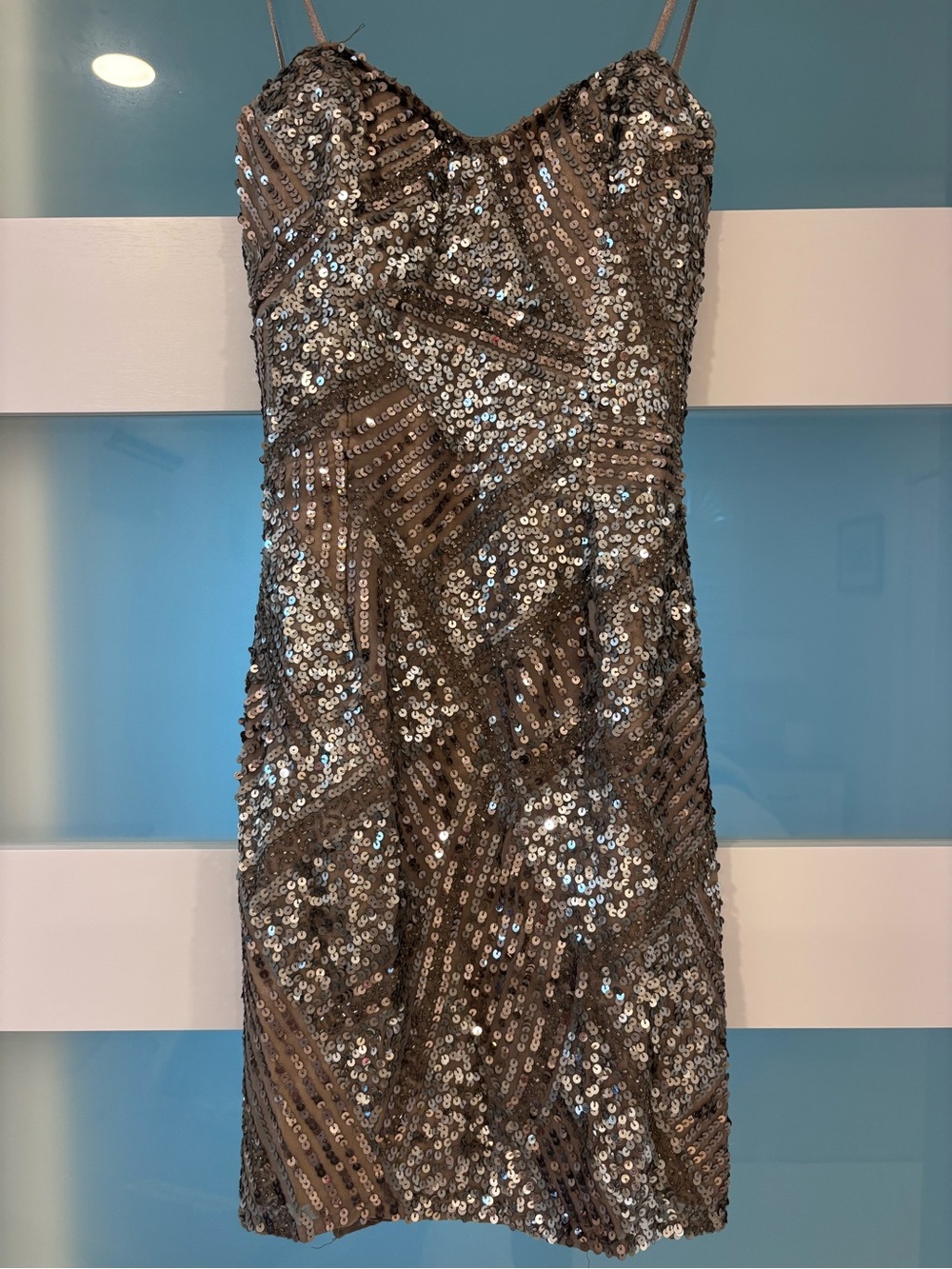 Scala Strapless Sequin Mini Dress in Silver & Bronze - Size 2